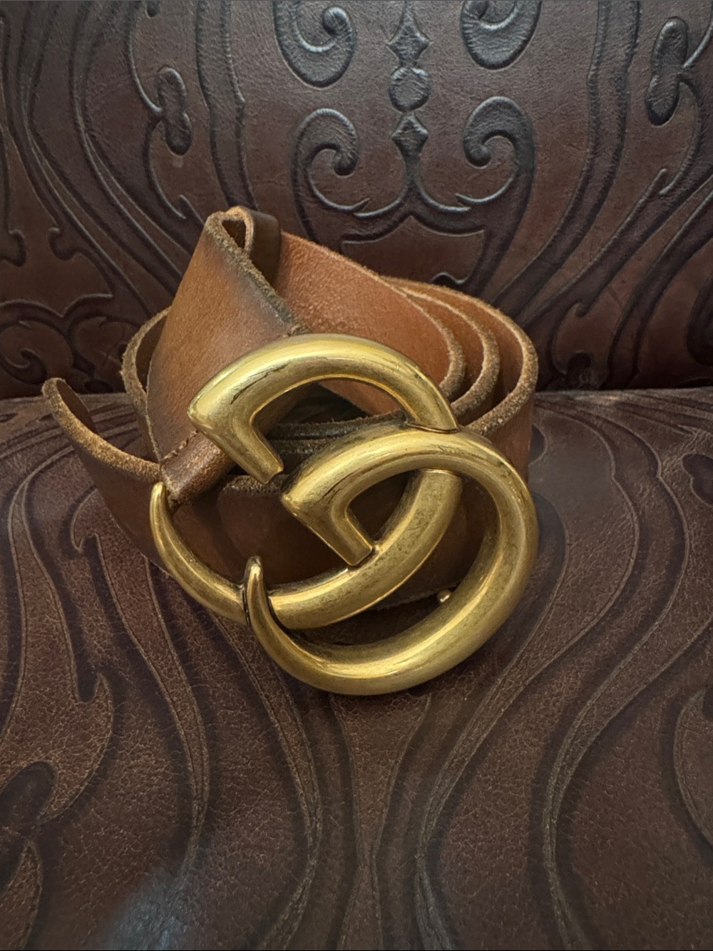Brown Leather Belt with Brass Interlocking Buckle